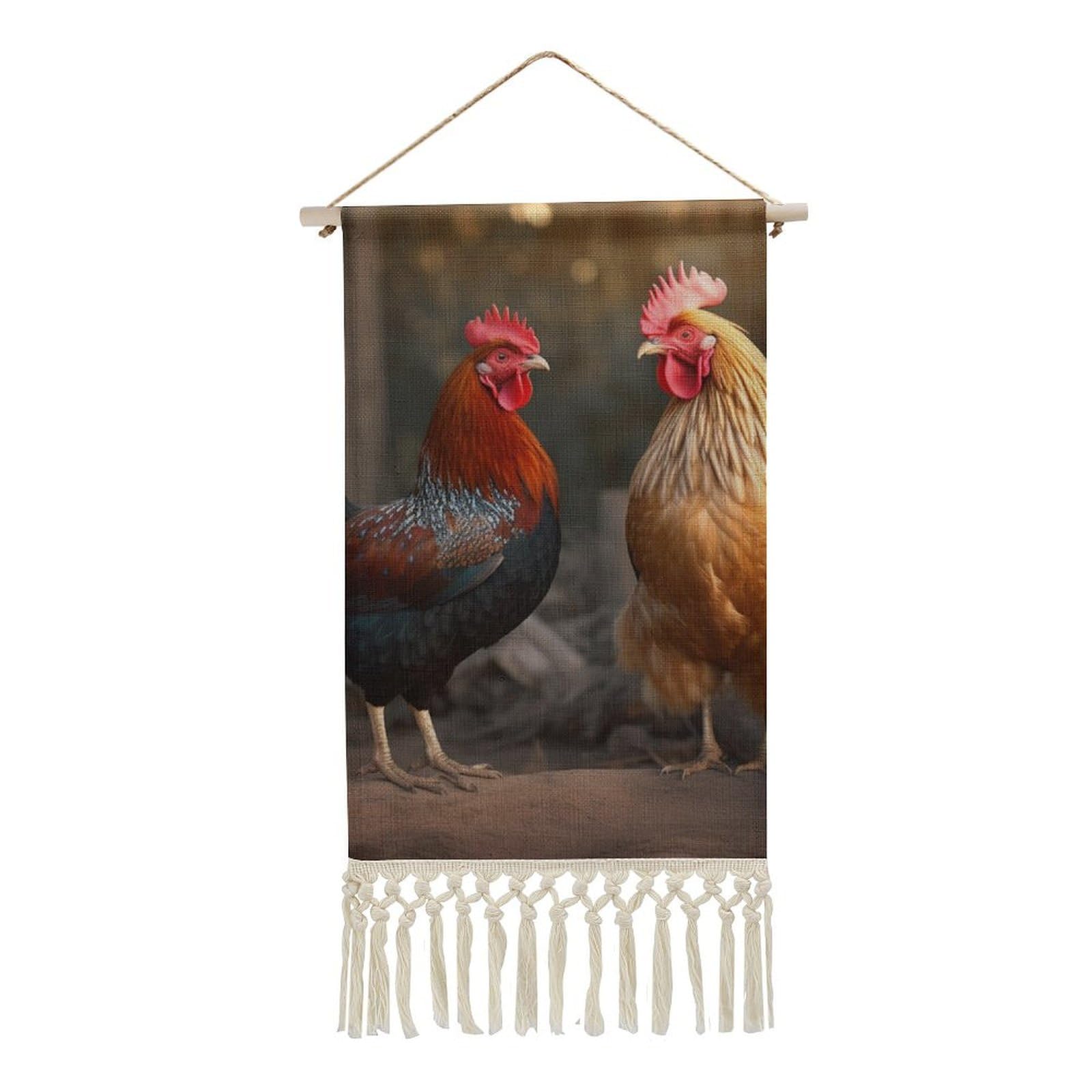 BTCOWZRV Cotton And Linen Hanging Poster with Tassels, Rooster And Chicken Wall Hanging Tapestry Vintage Wall Art Painting Modern Artwork Decoration for Home Decor Ready to Hang 10x19.6 in
