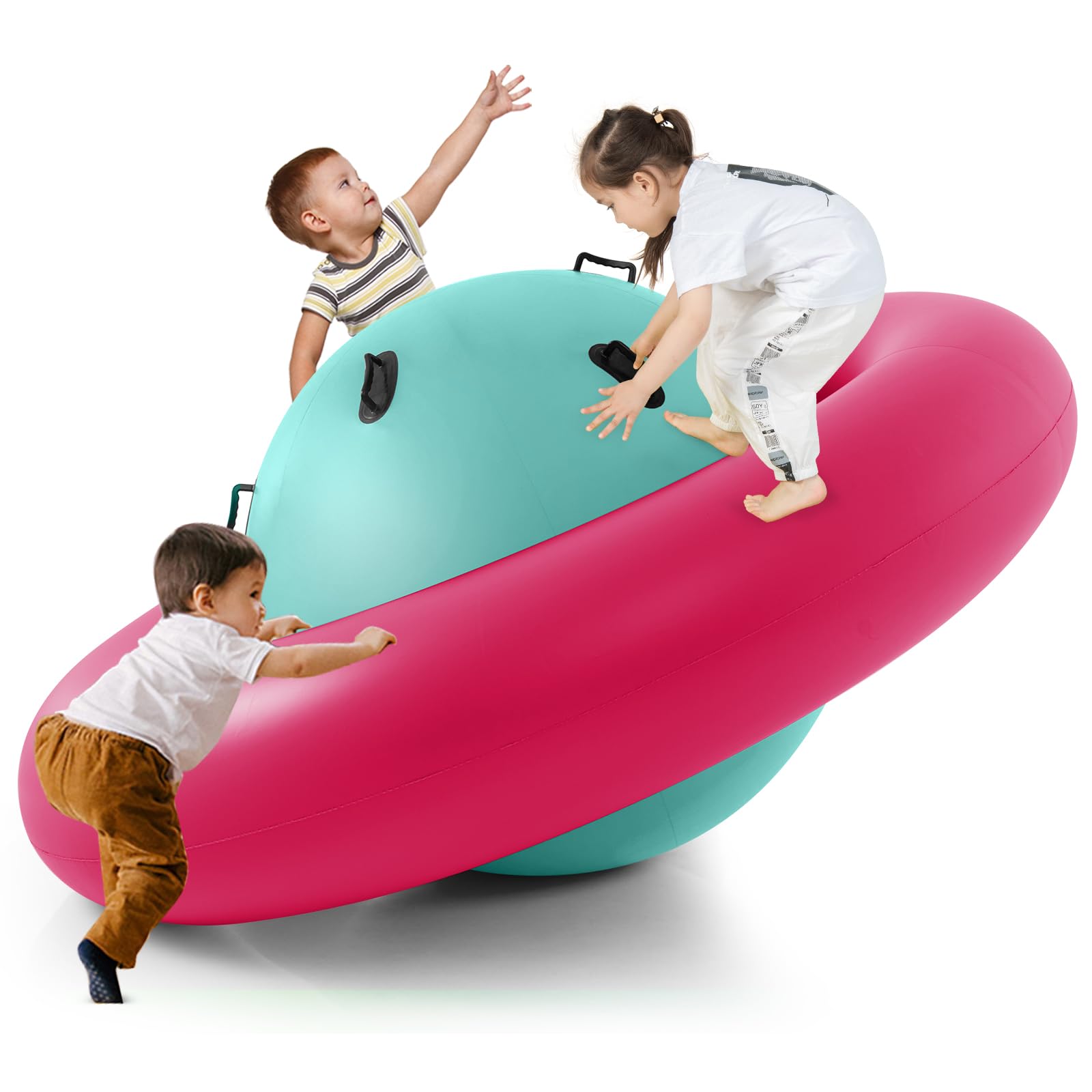 COSTWAY 88'' Inflatable Dome Climbing Rocker, Kids Teeter Totter Seesaw with 6 Handles, Blow Up Giant Rocking Bouncer Ball for Indoor Outdoor (Pink+Green)