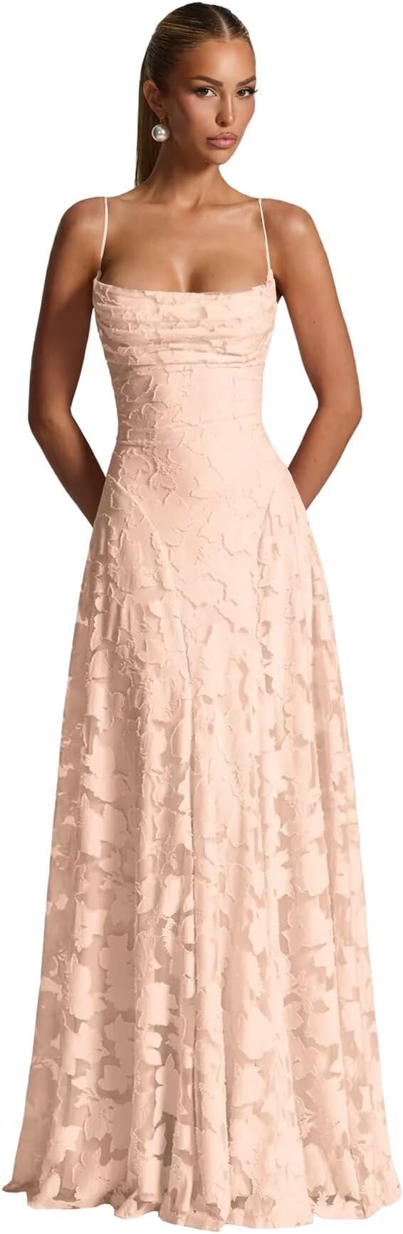Floral Lace Bridesmaid Dresses Long Prom Dresses for Women 2026 Cowl Neck Formal Evening Wedding Guest Dress