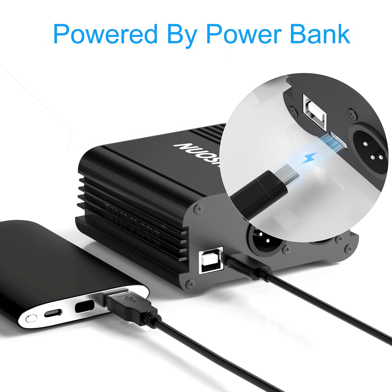 Bloc d'alimentation fantôme 1 canal 48 V avec câble USB, câble XLR 3 m (mâle vers femelle), anti-bruit, alimentation stable, pour tout microphone à condensateur équipement d'enregistrement de