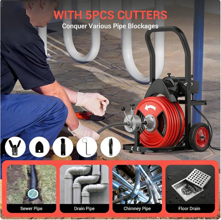 Image of Garvee 100Ft 3 /4 Inch Drain Cleaning Machine. Sewer Snake 750w Auto Feed with 6 Cutter, Portable Drain Cleaning Machine Electric Drain Auger Sewer Auger Air-Activated Foot Switch for 4 inch to 8 inch Pipes