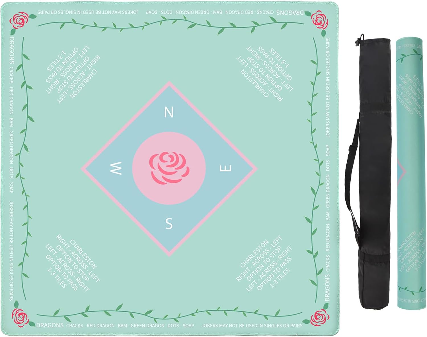 31.5" Square Adult Mahjong Table Mat - Precision-Woven for Mahjong/Dominoes, Rubber Non-Slip, Water-Resistant, Foldable, Scratch-Resistant, Durable for Home & Outdoor (Mint Rose)