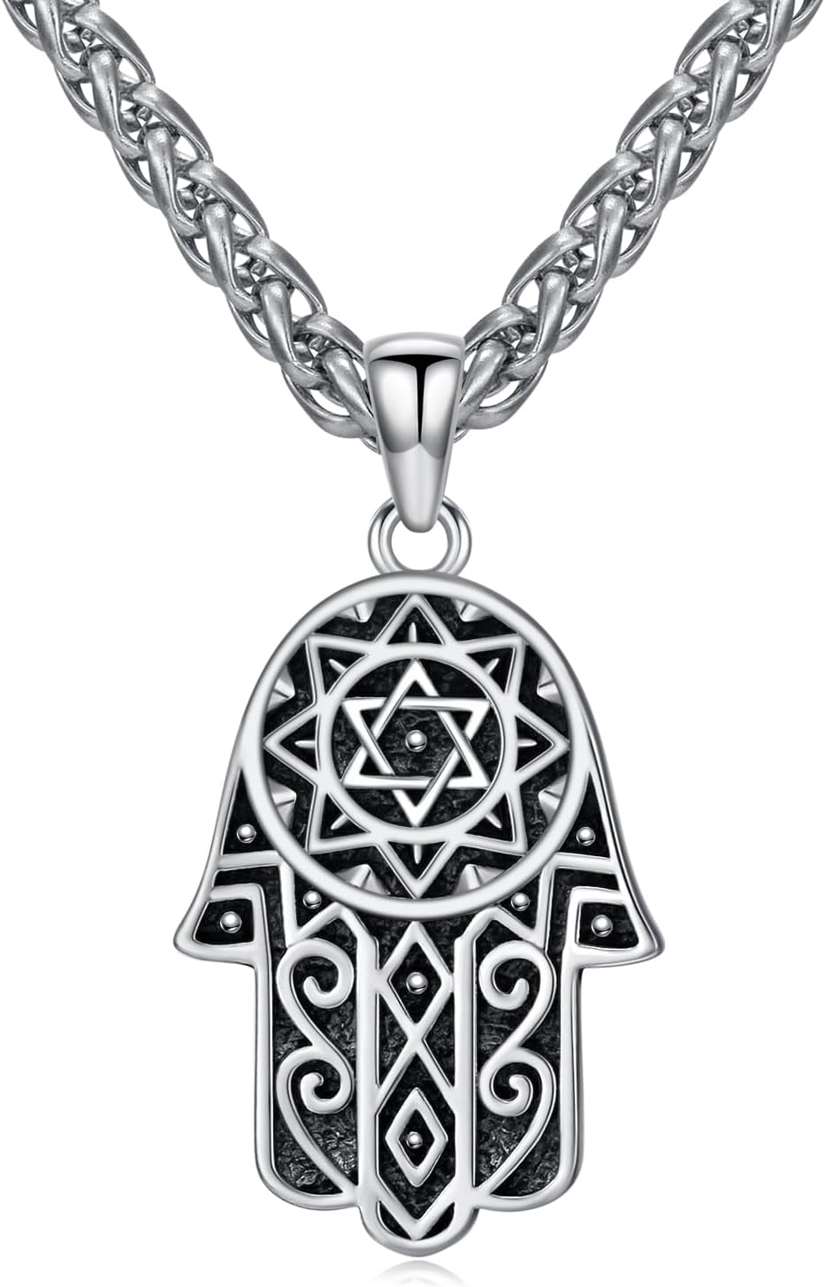 Hamsa Hand Necklace 925 Sterling Silver Hand of Fatima with Star of David Pendant Jewish Jewelry Women Men