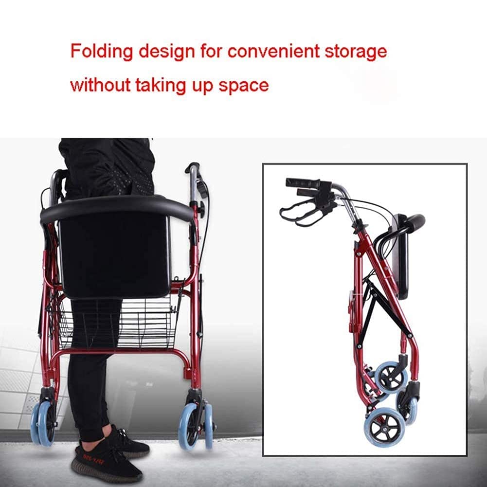 Andador Plegable con Ruedas Andador con Asiento Y Ruedas, Andador con Frenos Andador Plegable para Personas Mayores, Marco De Acero Duradero Que Soporta hasta 400 Libras, Rojo