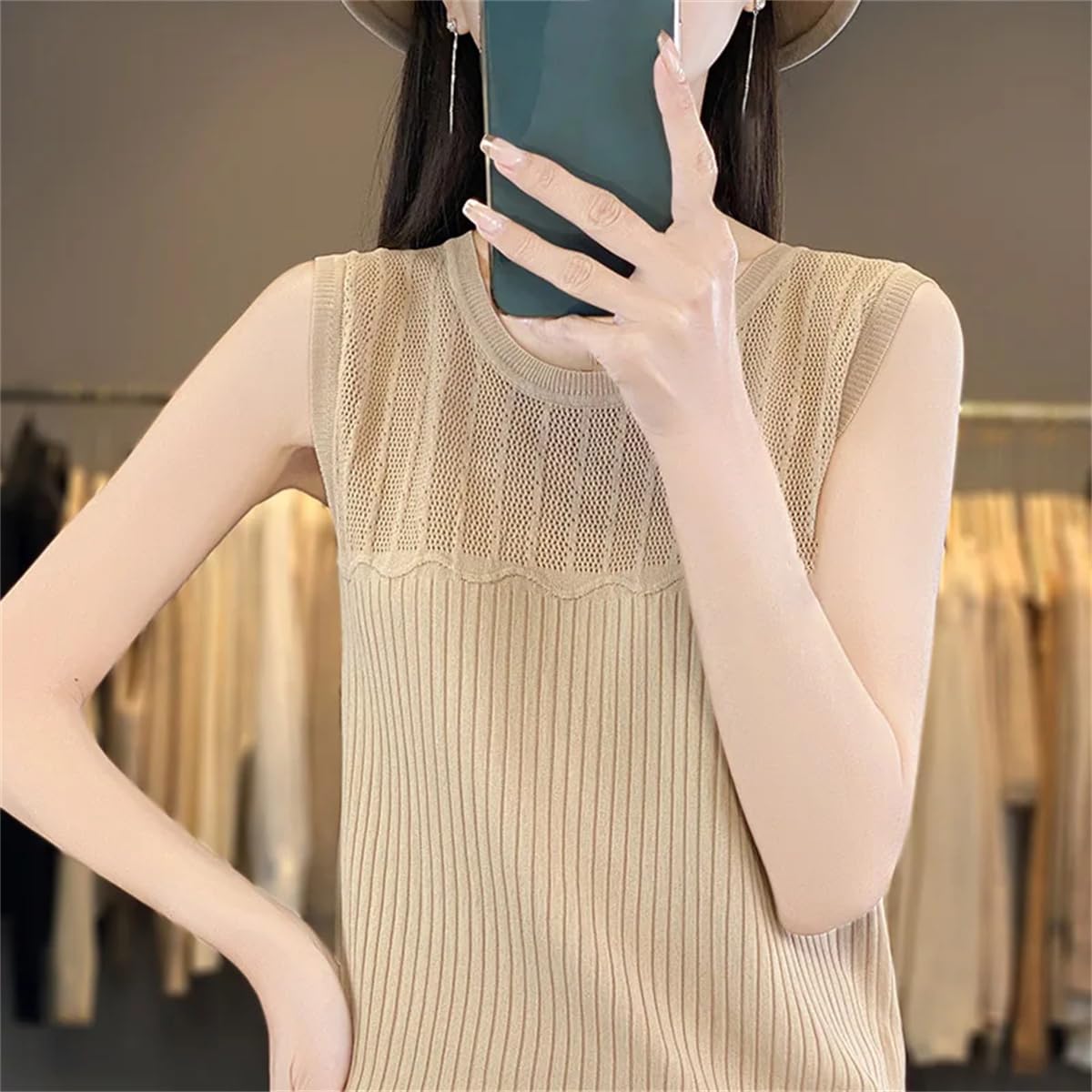 Camiseta Sin Mangas De Algodón De Verano para Mujer, Jersey Informal De Color Sólido con Cuello Redondo, Top Versátil Suave Y A La Moda
