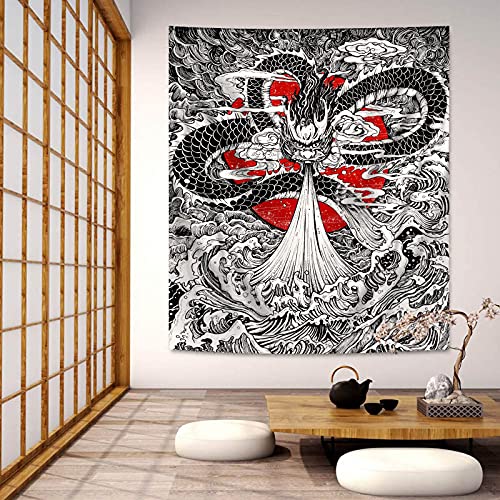 Artcreator Japanese Great Wave Red Sun Tapestry, Cool Dragon King Anime Black Wall Hanging Tapestry For Men Room Decor, Japanese Style Art Sunset Ocean Tapestry For Teen Dorm, Room, Attic thumb #3