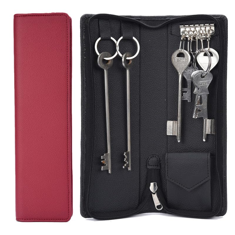 essart pu leather key organizer pouch – durable key case pu leather locker key holder with keychain & secure zip with 6 hooks for men & women