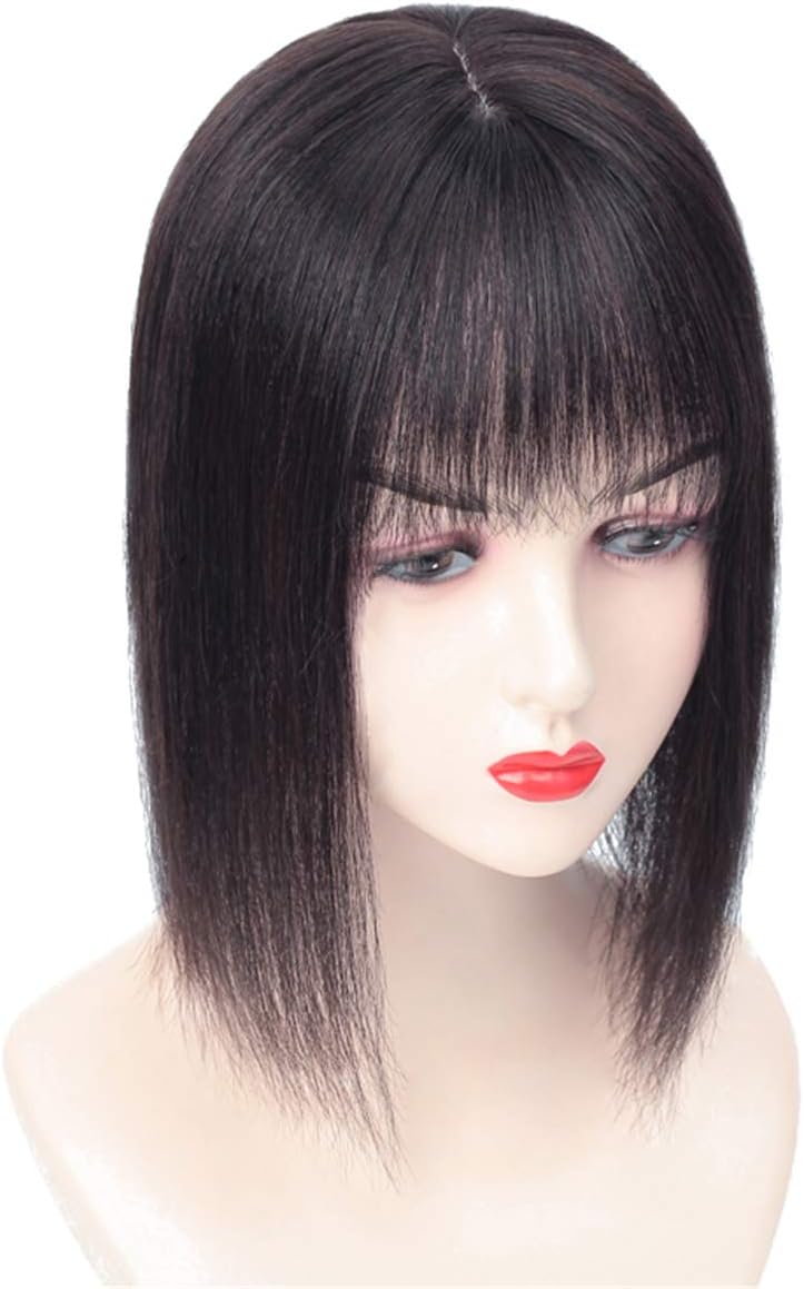 Susanki 4"x4.7" Silk Base Human Hair Topper with Bangs Clip on Bang Toppers Wiglet Hairpiece for Women, 14" Black