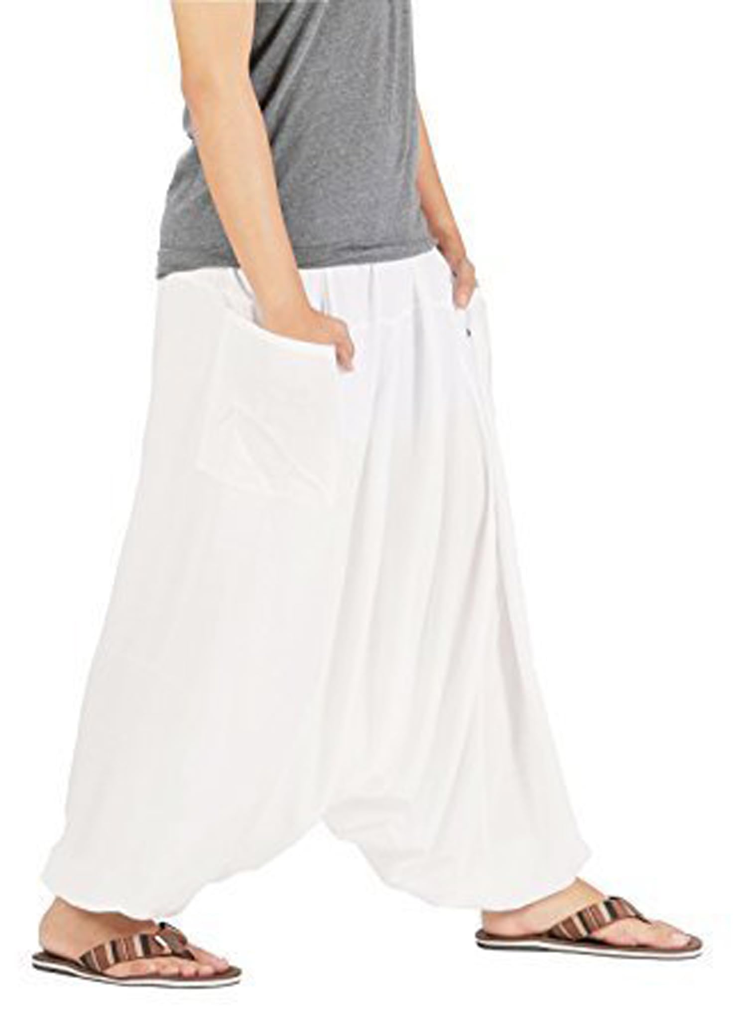Siya Enterprises Men Women Summer Loose Baggy Hippie Boho Pure Cotton Aladdin Harem Pants High Waist Sport Pants with Double Pocket Harem Pant (White02) 1