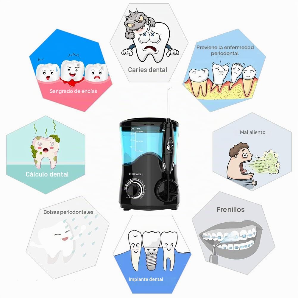 TUREWELL Irrigador Dental, Irrigador Bucal Professionale con 8 Boquillas Multifuncionales, Capacidad de 600ml, 10 Ajustes de Presión del agua, Limpieza Dientes Negro