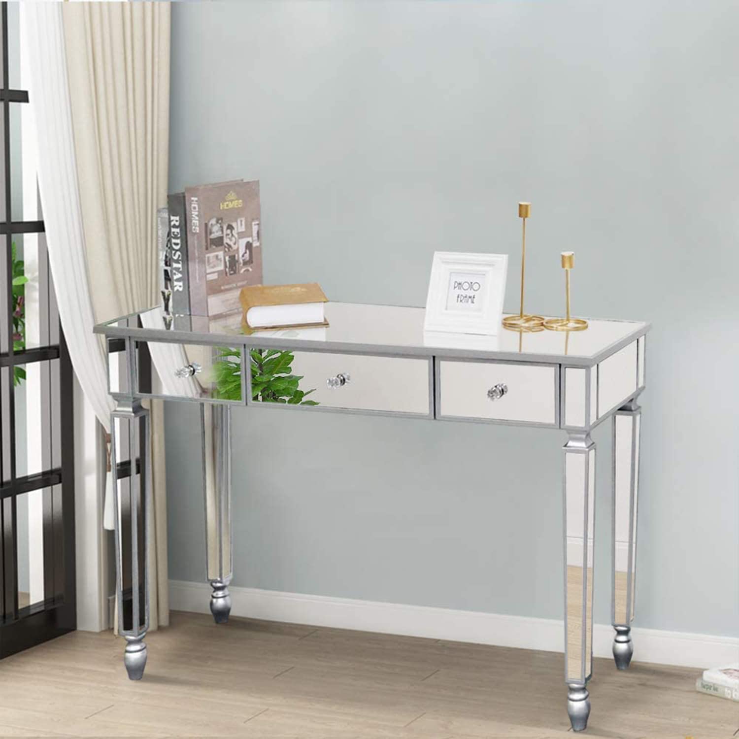 YoluckeaMirrored Console Table Modern 3-Drawer Mirrored Desk for Entryway Hallway, Bedroom Mirrored Vanity Table Living Room Sofa Table Entry Table