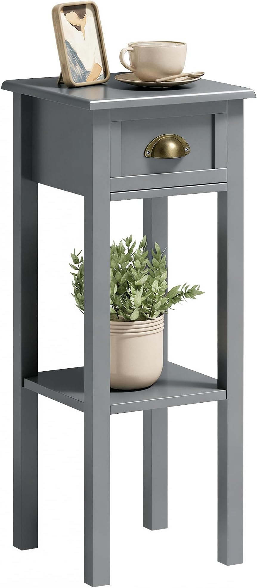 HOMCOM Narrow End Table with Drawer and Bottom Shelf, Slim Side Table for Small Spaces, Skinny Modern Space-Saving Accent Desk for Living Room, Set of 1, Gray