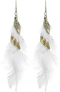 TIANHONGYAN Bohemian Handmade Natural Long Feather Dangle Earrings Vintage Boho Multicolor Tassel Feathers Dangle Drop Ear...