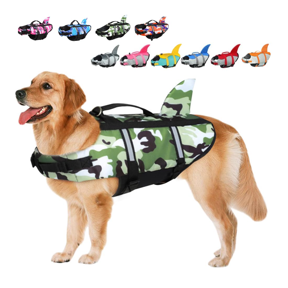 Large Dog Life Jacket Shark, Dog Swimming Safety Vest with Reflective Stripes & Rescue Handle, Adjustable High Buoyancy S/M/L Dog Swim Life Preserver for Water at Pool, Beach, Boating Camo Green L