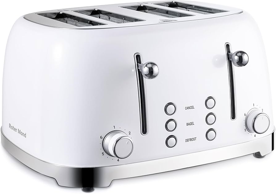 4 Slice Toaster Retro Stainless Steel with Bagel Defrost Cancel Function, 6 Browning Settings, Extre Wide Slot and Removable Crumb Tray, White, ST033
