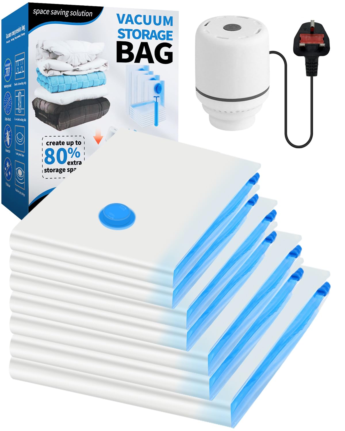 7-Pack Vacuum Storage Bags with Electric Air Pump – Includes 1 Jumbo, 2 Large, 2 Medium, and 2 Small,Reusable Vacuum Bags for Storage for Bedding Pillows, Moving and Travel, Space Saver
