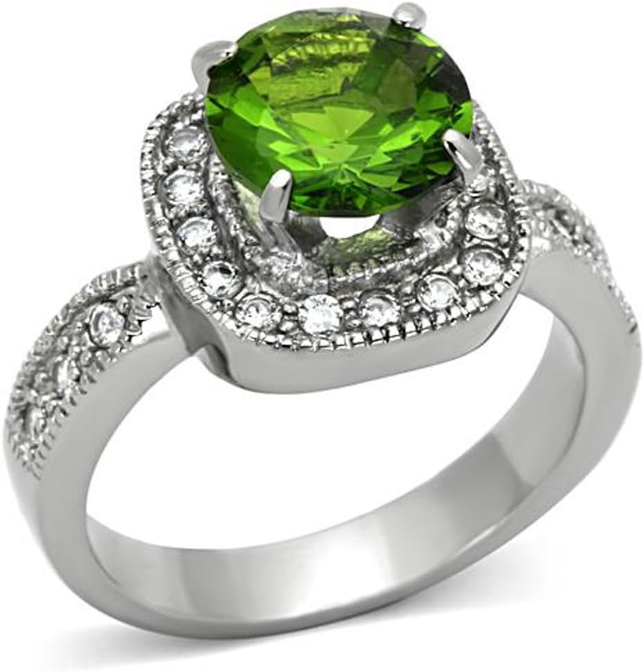 Marimor Jewelry 3 Carat Round Cut Peridot Color Cubic Zirconia Stainless Steel Halo Engagement Ring Size 5-10