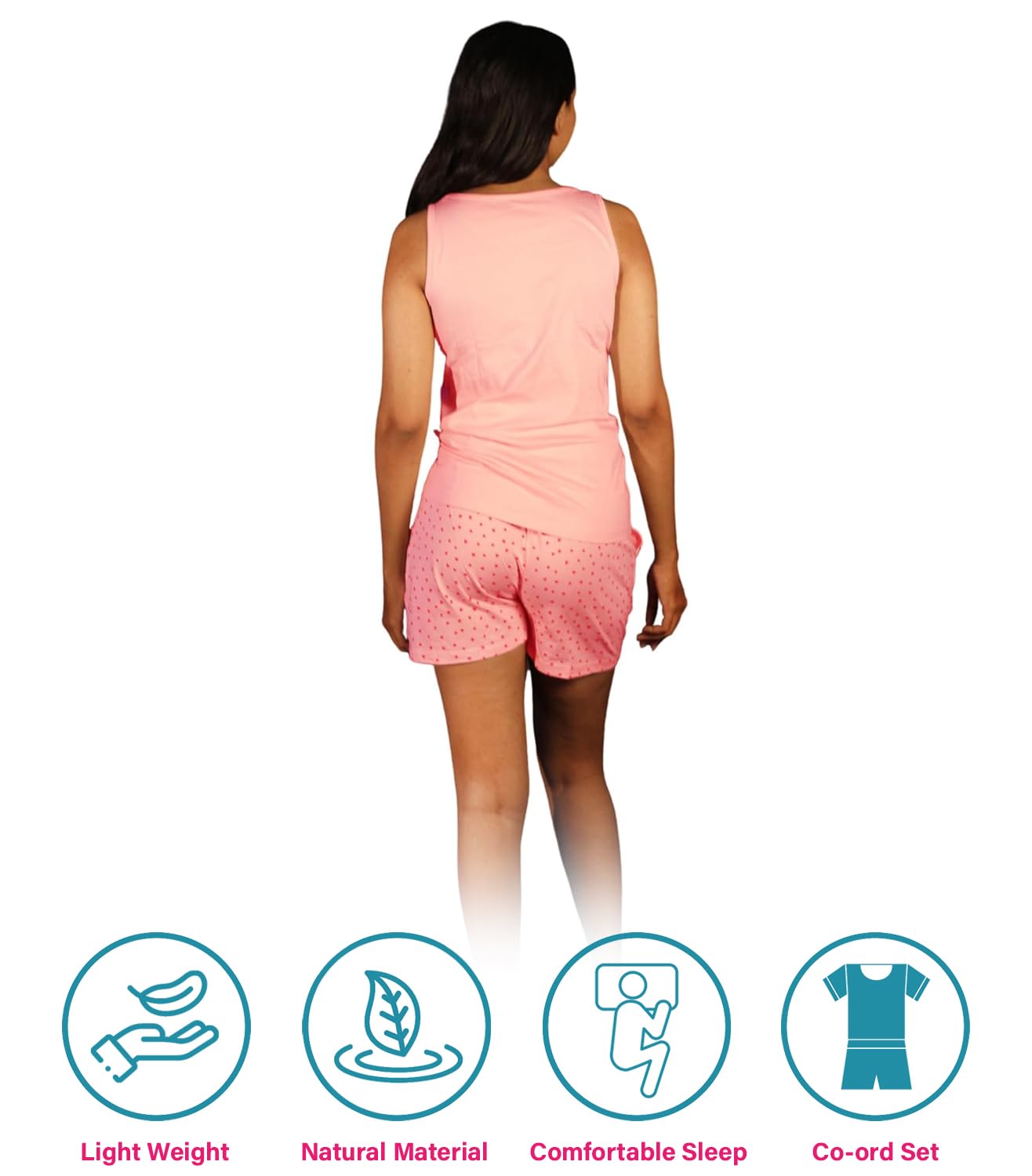Hestia |Co-Ord Cotton Night Suit for Women| Co-Ord Night Wear Dress Set with Shorts and Tops & T-Shirt | Breathable Fabric | Shrink Free Night Dress Material | Baby Heart Printed | Pink | M | Set 1 - Image 4 thumbnail