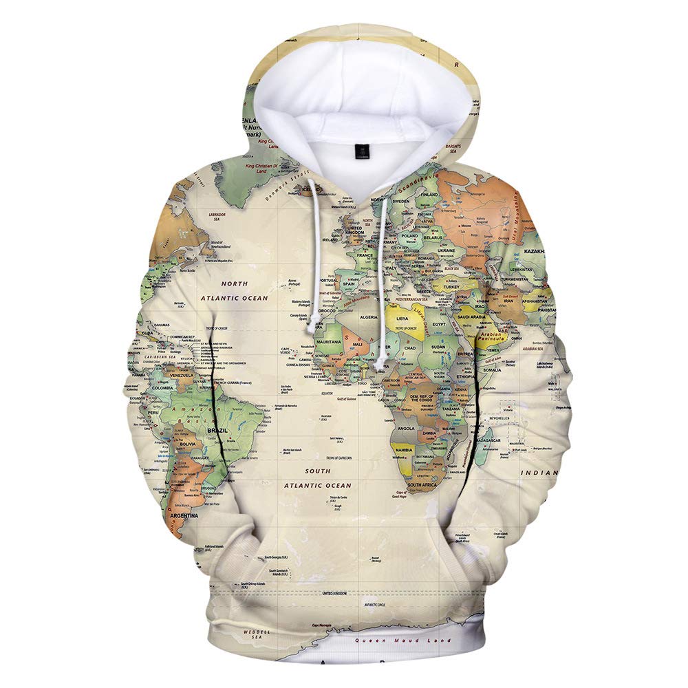 Keepmore Men's E Unisex World Map Printed Hoodies Coupl Drawstring Pockets Sweatshirt Jumpers Long Sleeves Hooded