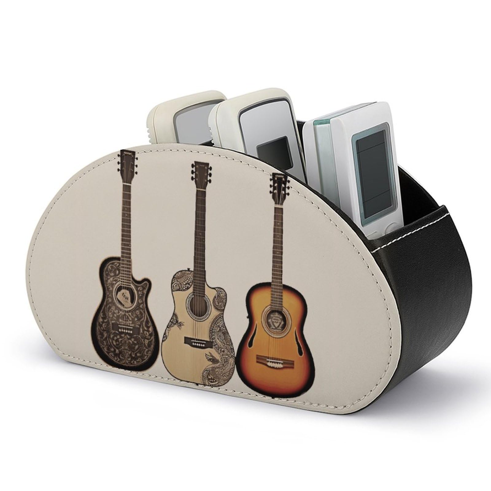 VstaDank Guitar Remote Control Holder with 5 Compartments PU Leather Remote Caddy Desktop Organizer Store TV Remote Control Storage Box for Home Office Desk Nightstand