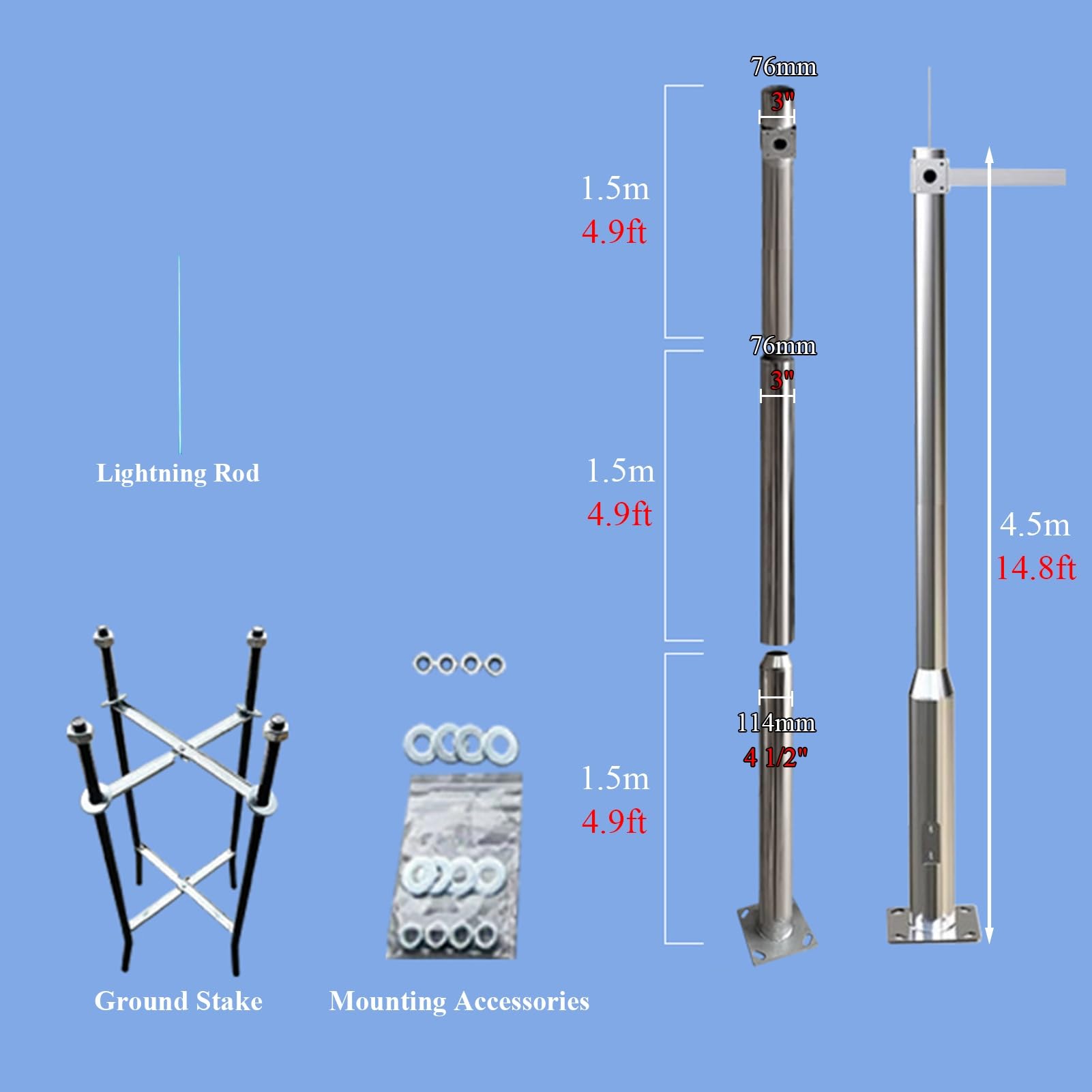 Halterung für Überwachungskamera Sicherheitskamera Mast Halterung für Außenbereich, Weitwinkel Edelstahl CCTV Montage mit Halterungen, Freistehender Überwachungskamera Mast(4.5m(14.8ft/3 Sections))
