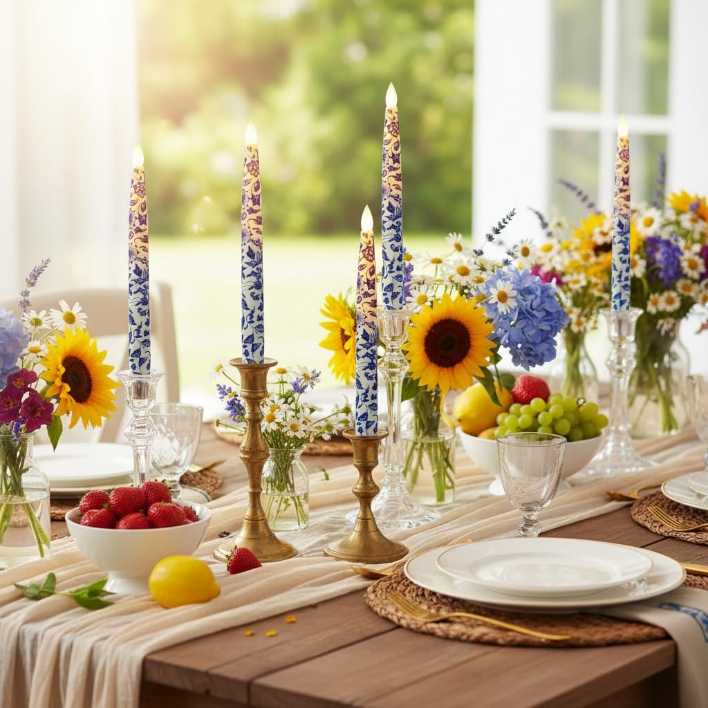 Blue and White Flameless Taper Candle 12 Pack Floral LED Magic Hanging Candle Battery Operated Floating Candles Floating Candles with Wand Remote Timer for Mother's Day Home Wedding Garden Party Decor