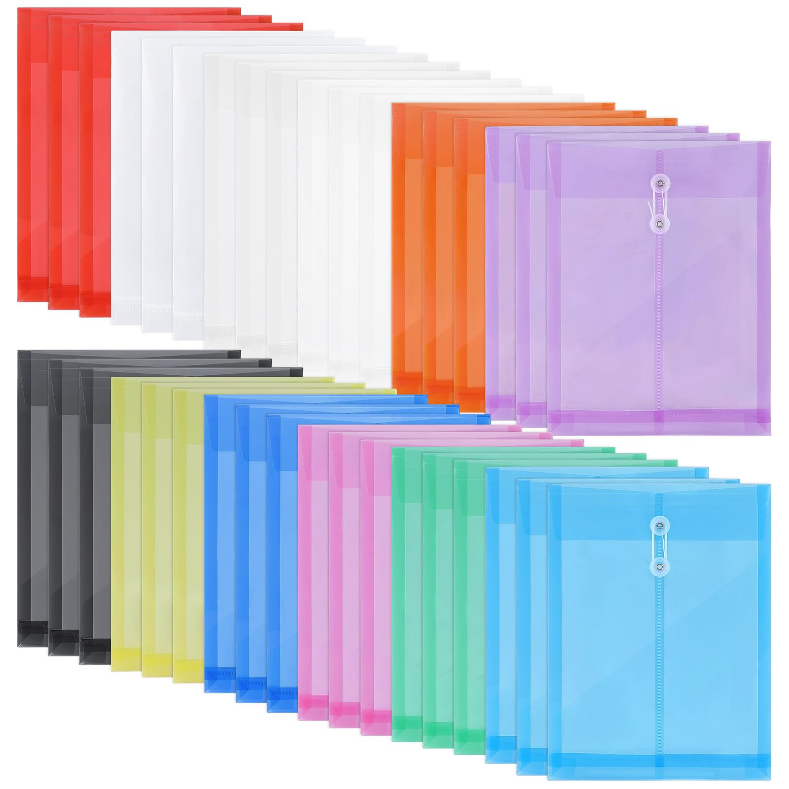 INTERWARM 36 Pcs Plastic Envelopes Poly Envelope with Button & String Tie Closure,A4 Reusable Plastic File Folders,3 Size Document Envelope for School Office and Home, 12 Colors