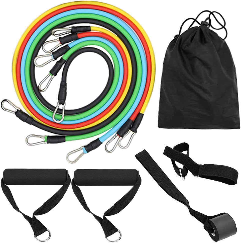 11pcs Resistance Bands Set Workout Fitness Exercise Tube Bands Door Anchor Ankle Straps Cushioned Handles with Carry Bags for Home Gym Travel