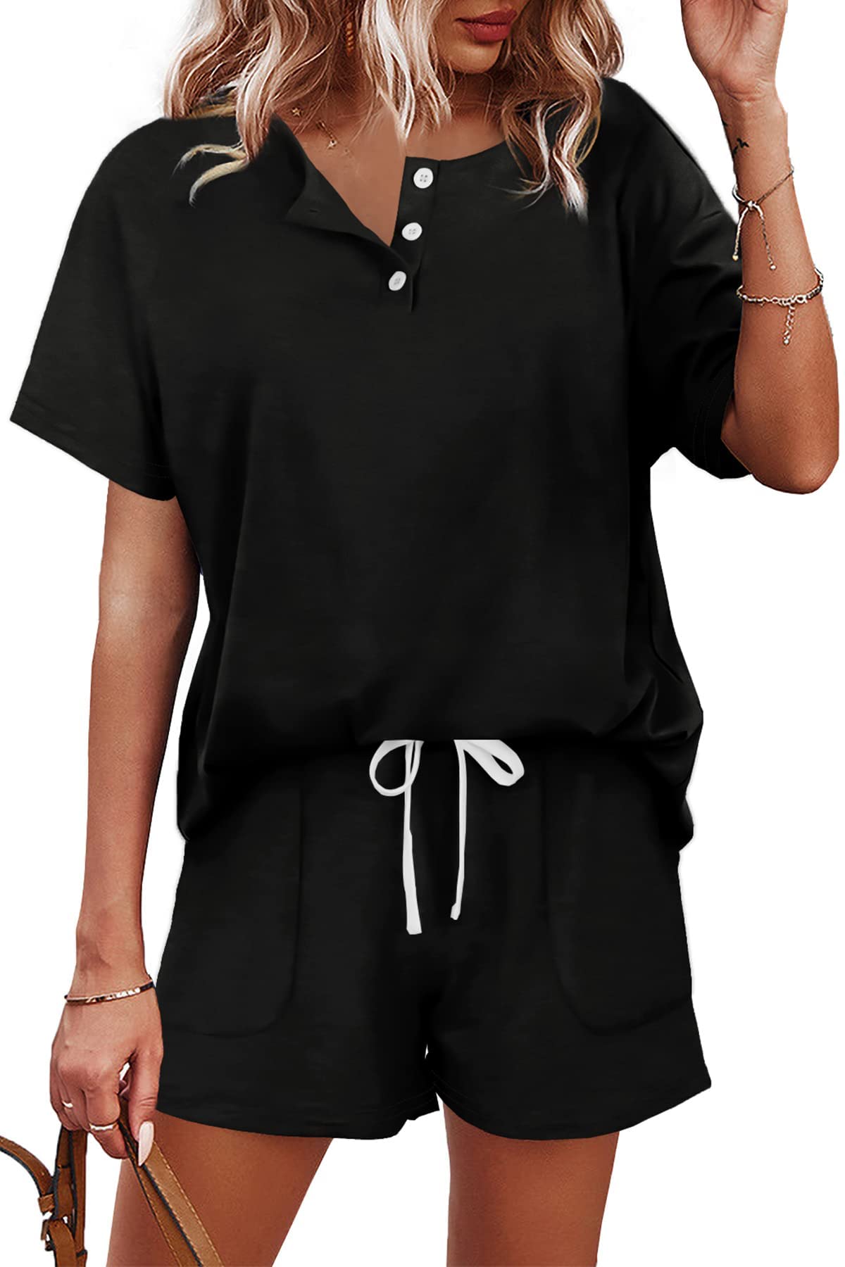 Desol Damen Jogginganzug Zweiteiler Sommer mit Henley V-Ausschnitt, Kurzarm Shirt und Shorts, Weicher Atmungsaktiver Hausanzug für Zuhause