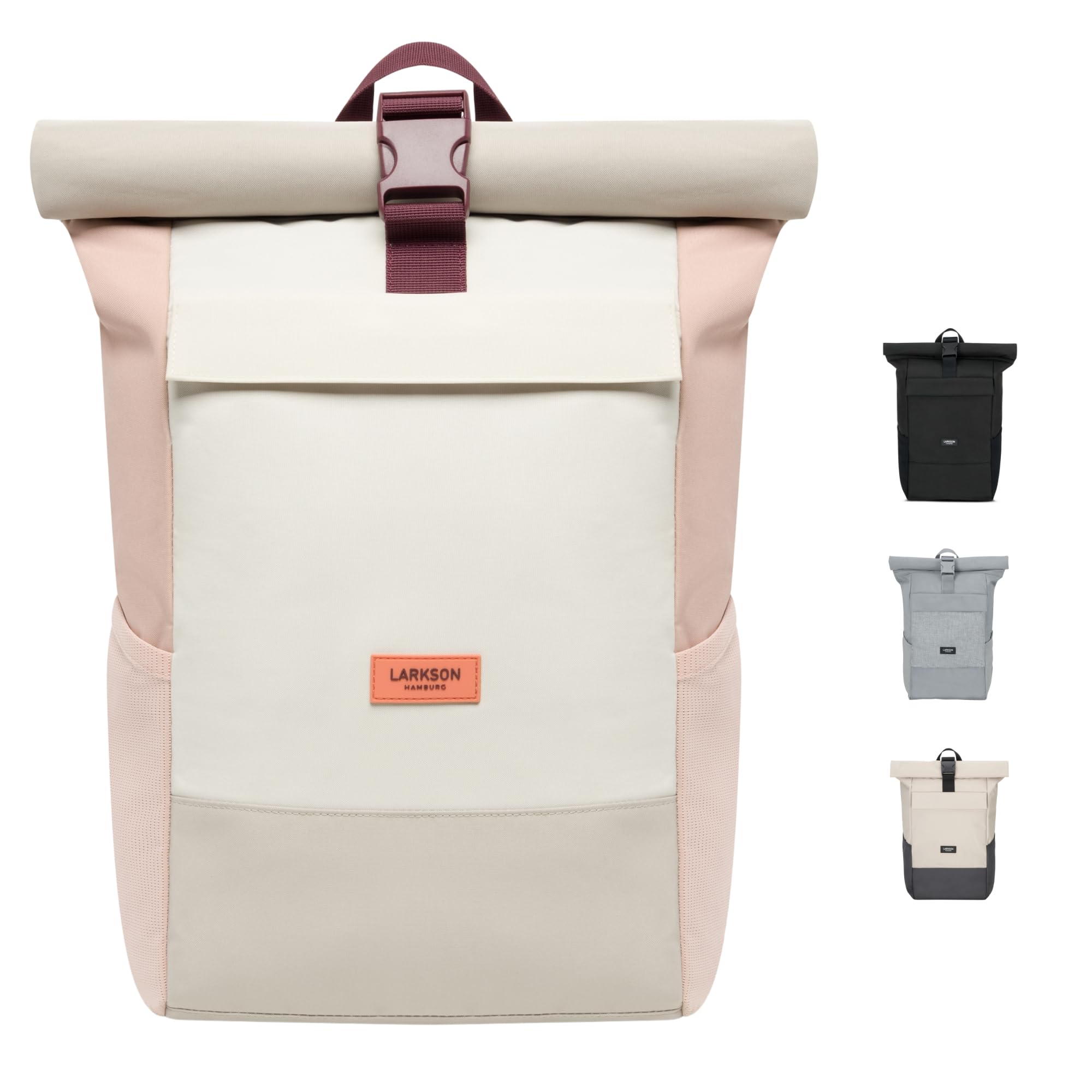 Larkson Roll Top Backpack Women & Men Beige Rose - No 4 - Rucksack for University, School, Office - College Laptop Bag 16 Inches - Water-Repellent