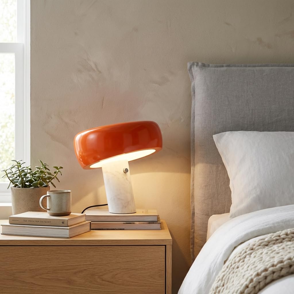 BARCELONA LED Lámpara de Mesa Moderna Naranja con Base de Mármol Blanco, Diseño Clásico y Lujoso para Escritorio, Mesita de Noche o Sala, Estilo Retro y Elegante Pequeña Luz Directa E27, 28cm
