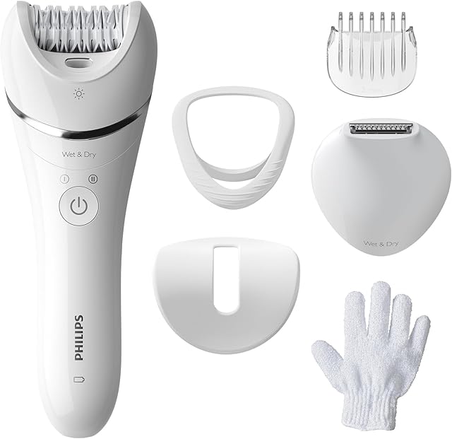 Philips Depilator z serii 8000, bezprzewodowy depilator na mokro i na sucho do nóg i ciała, z 6 akcesoriami, trymerem i szczoteczką złuszczającą, model BRE715/00