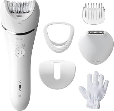 Philips Epilator Series 8000, Cordless Wet and Dry Epilator for Legs and Body, Hair Removal Device, with 6 Accessories, Trimmer and Body Exfoliator, Model BRE715/01
