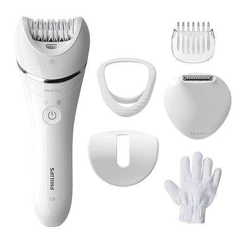 Philips Epilator Series 8000, Cordless Wet and Dry Epilator for Legs and Body, Hair Removal Device, with 6 Accessories, Trimmer and Body Exfoliator, Model BRE715/01 - 6 accessories