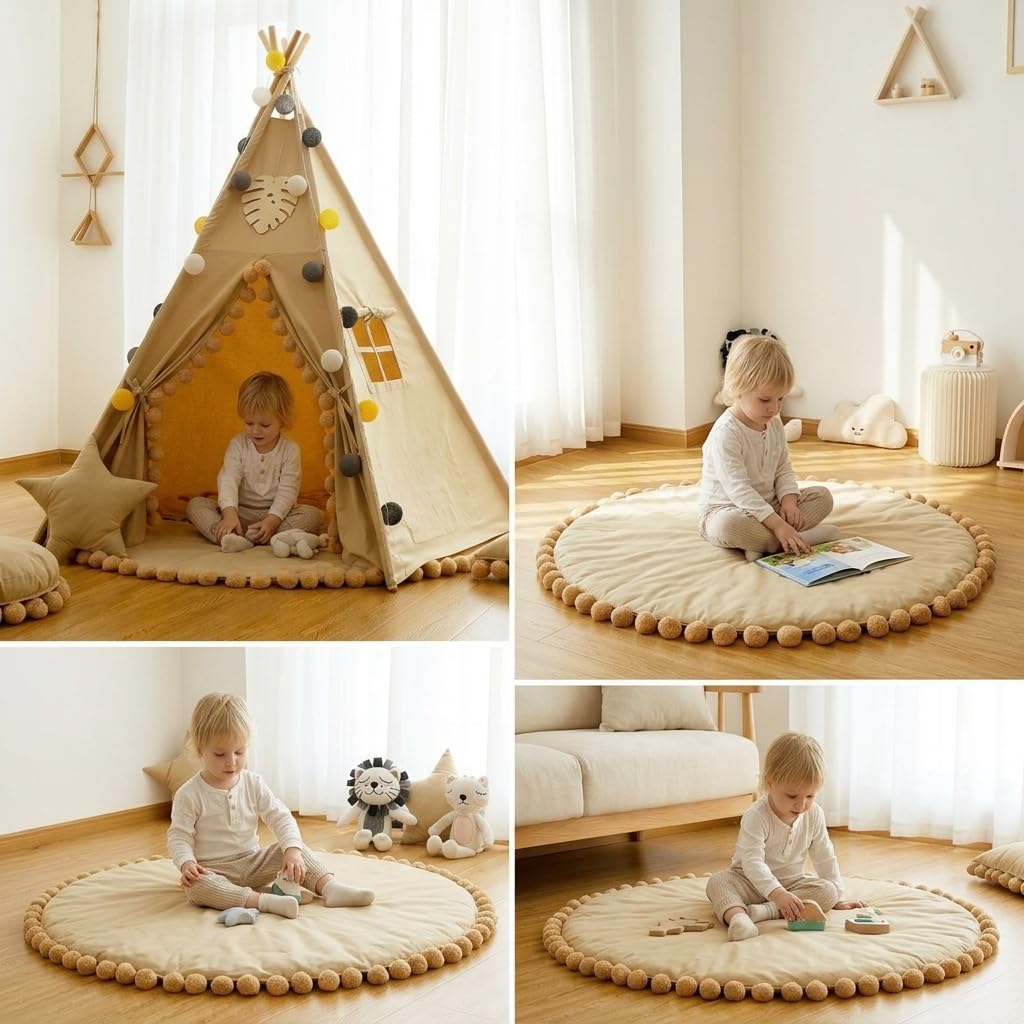 Tipi Zelt für Kinder – Stilvolles Kinderzelt Indoor aus Baumwoll-Canvas mit Bodenmatte – Gemütliches Spielzelt für Kinderzimmer