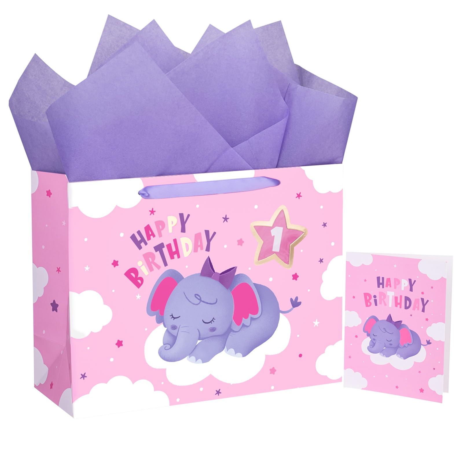 WRAPAHOLIC 13" Large 1st Birthday Gift Bag with Card and Tissue Paper - Adorable Elephant Baby Girl Gift Bag for Birthday, Baby Shower, Party