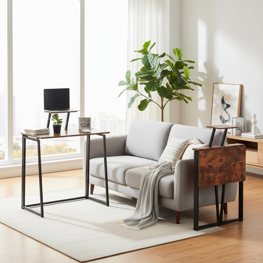 FurnitureR Scrivania per computer pieghevole, stile industriale, mensola a schermo rialzato, compatto, facile da piegare e spostare, ideale per soggiorno o spazio ridotto, 80 x 40 x 74 cm