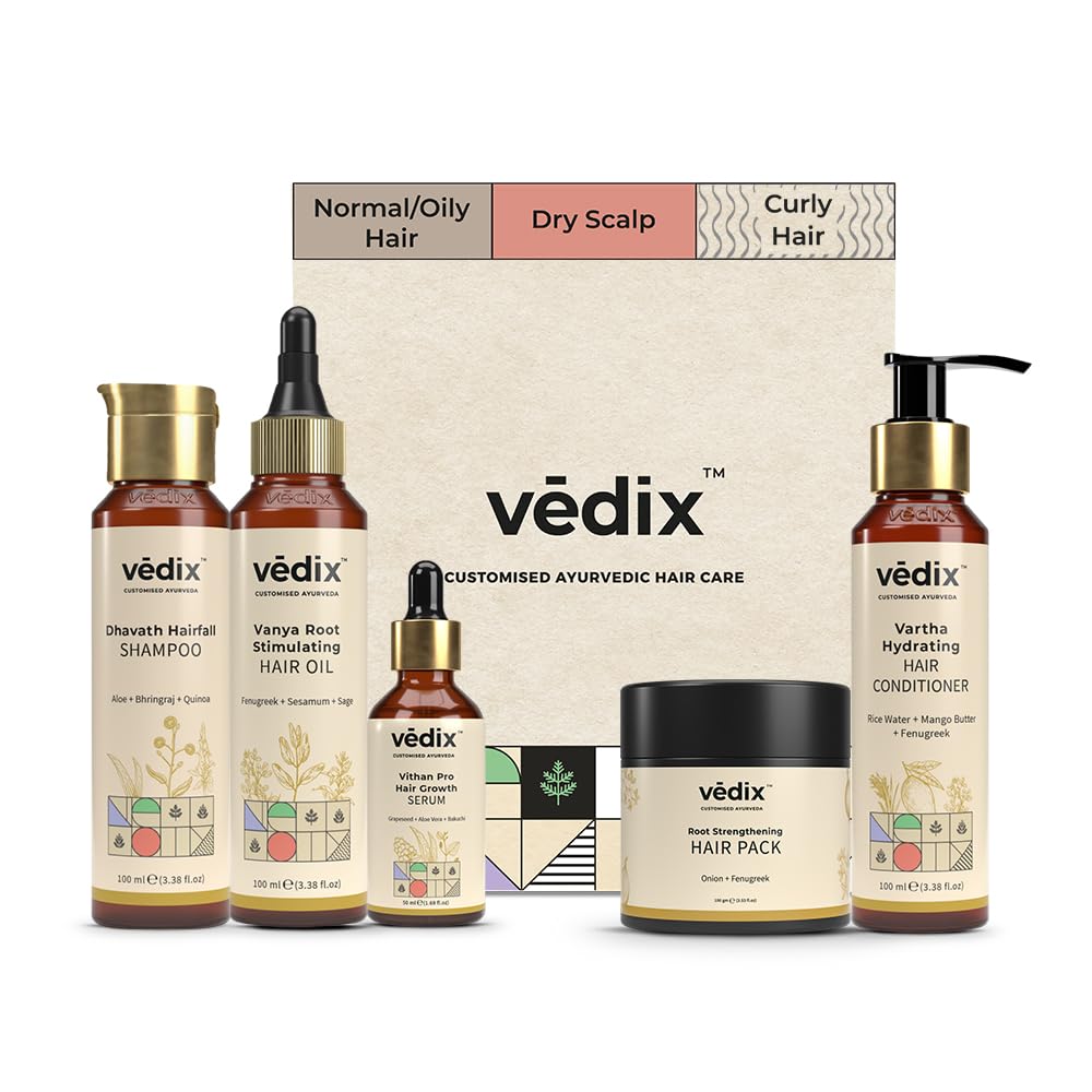 Vedix Ayurvedic Hair growth Kit | 5 product Kit | for Normal, Dry Scalp, Curly Hair | Vedix Hair Oil, Shampoo, Serum, Mask, Conditioner Set