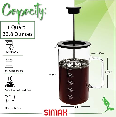 SIMAX Cafetera de prensa francesa, prensa de café de 1 litro, cafetera de vidrio apta para lavavajillas con filtro, vidrio de borosilicato seguro