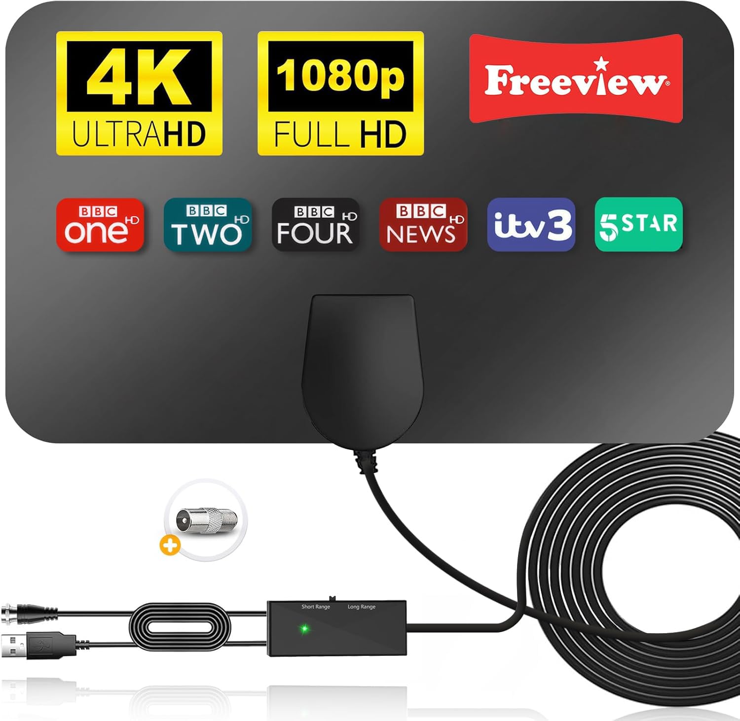 Powerfull, antenna TV da interni con amplificatore di segnale, antenna TV digitale per interni con segnale forte per TV Freeview, portata oltre 400 km, supporto HDTV 4K 1080p