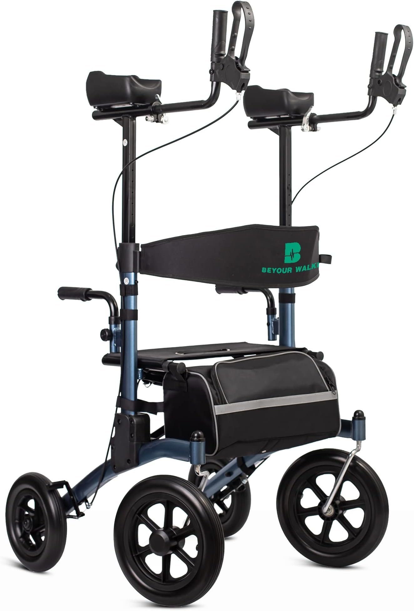 All-Terrain Upright Rollator Walker with 12" Big Non-Pneumatic Wheels, Compact Folding Design, Blue