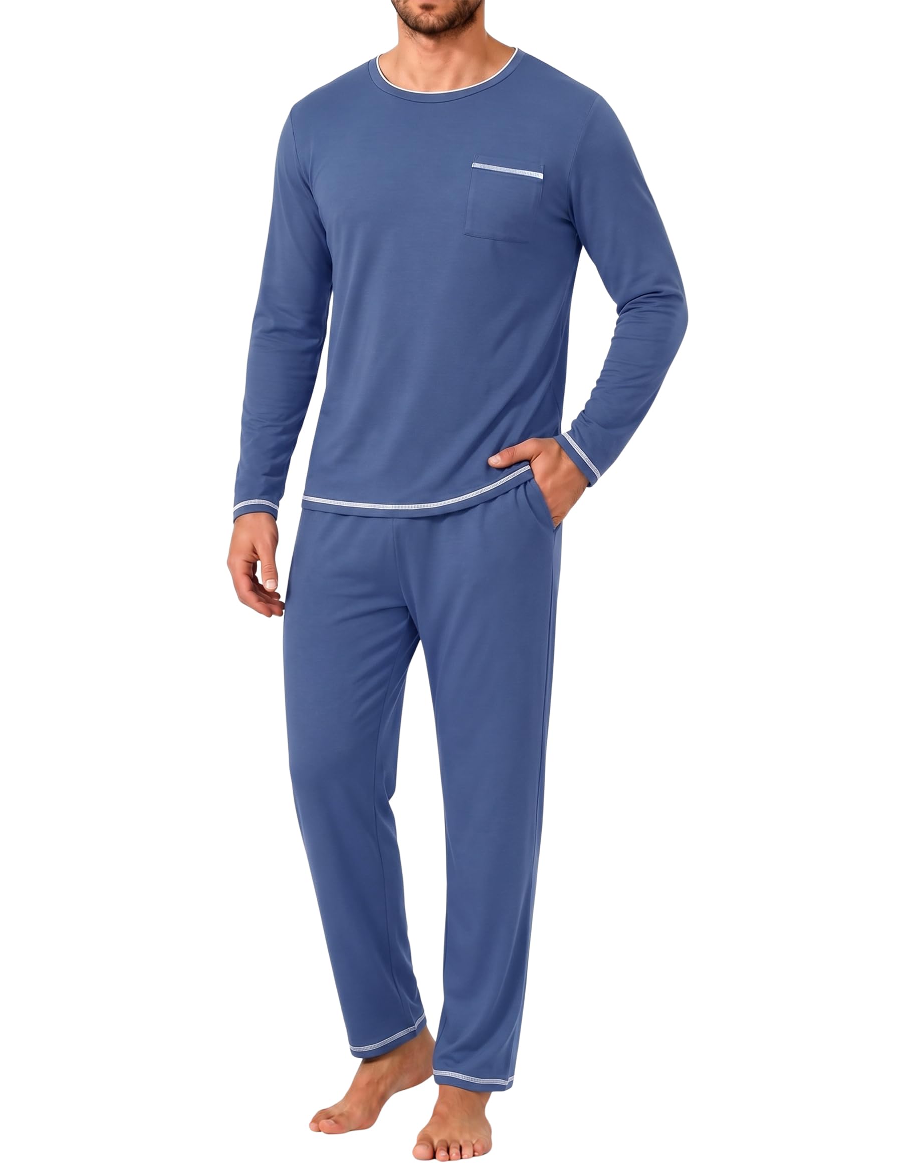 Demegimi Schlafanzug Herren Lang Zweiteilig Langarm Pyjama mit Brusttasche | Schlafanzug für Herren mit Langarmshirt und langer Hose für hohen Komfort.