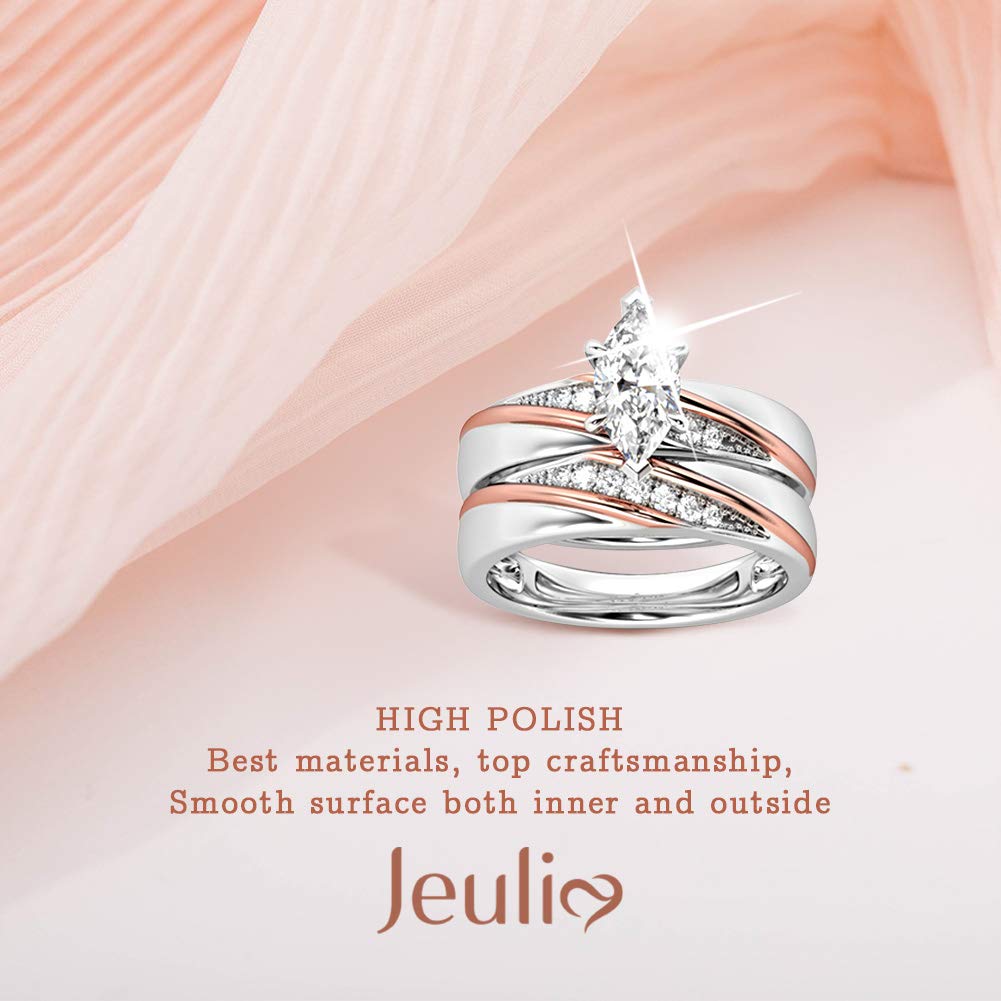 Jeulia 2 Stück Damen Ringe Set Sterling Silber Diagonal Marquise-Schliff Ringe Schmuck für Braut Hochzeit Band Verlobungsring