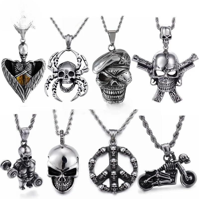 LUSSO 925 Sterling Silver Skeleton Choker For Men, Vintage Gothic Punk Skull Pendant Necklace Men Viking Skeleton Charm Twisted Long Chain Choker For Halloween3