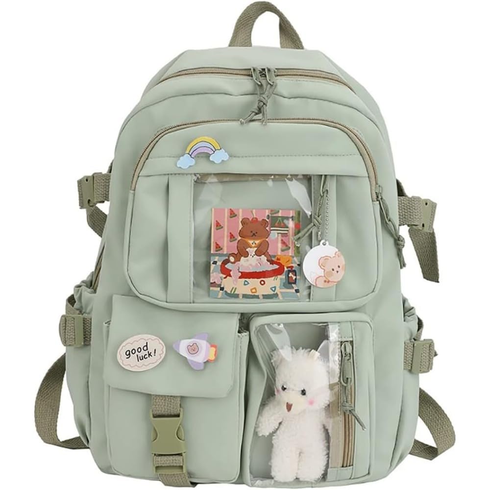 Xingyunmaiqiu Unisex Green Kawaii Backpack With Pendant, Large Capacity Cute Bear Accessories Backpack For School Multi Pocket Rucksack For Teen Girls Cute Kawaii School Backpacks (Green)
