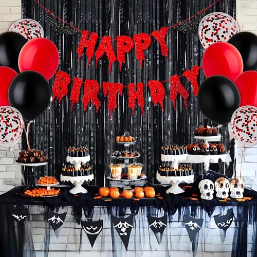 Image of Halloween Happy Birthday Banner, Bloody Bat Vampire Red and Black Birthday Decorations, Glitter Foil Fringe Curtains Backdrop Balloons Horror Movie Themed Party Decoration Supplies