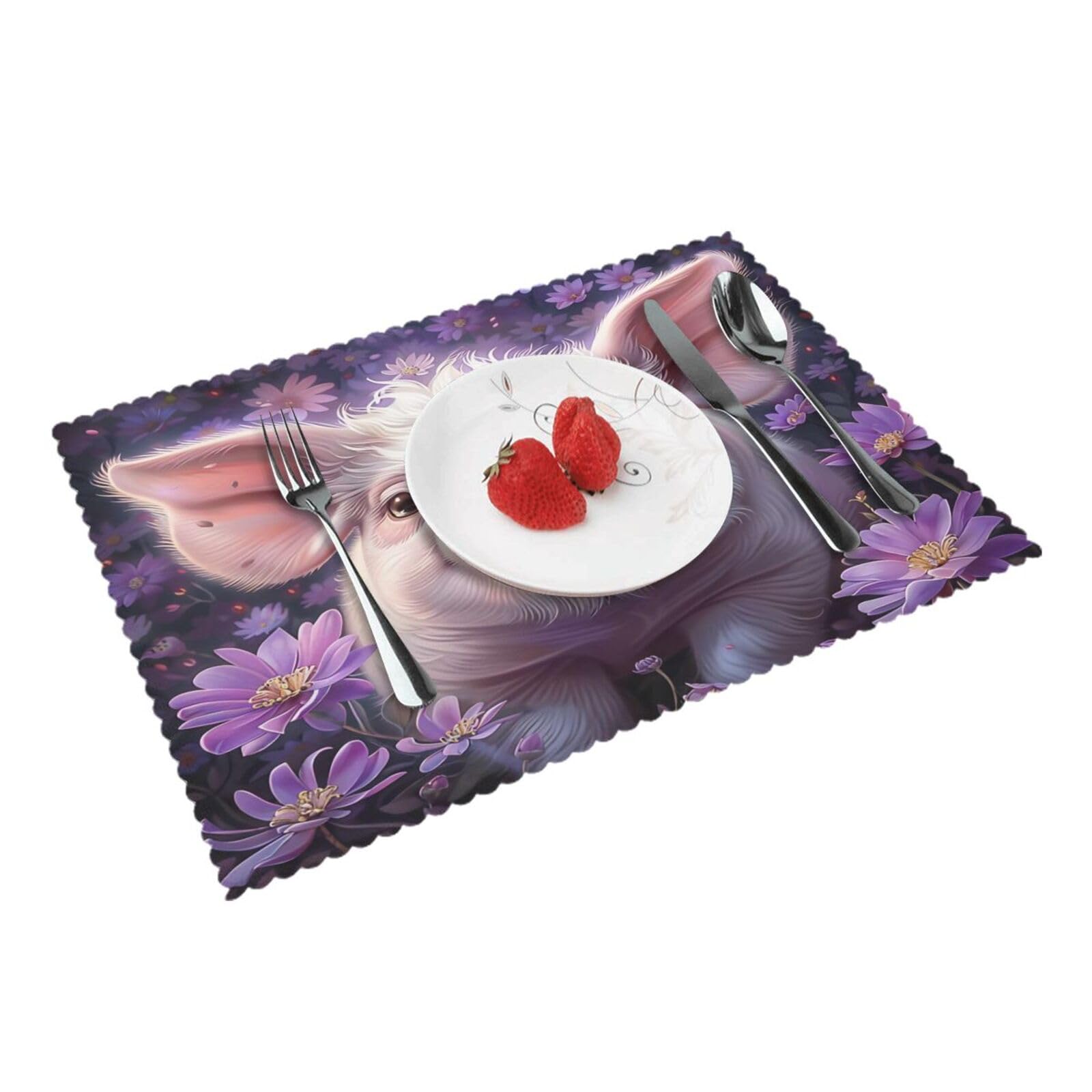 Purple Floral Piglet Pattern Placemats Set of 4 Print Table Mats Place Mats Table Decor for Kitchen Dining 12X18 in