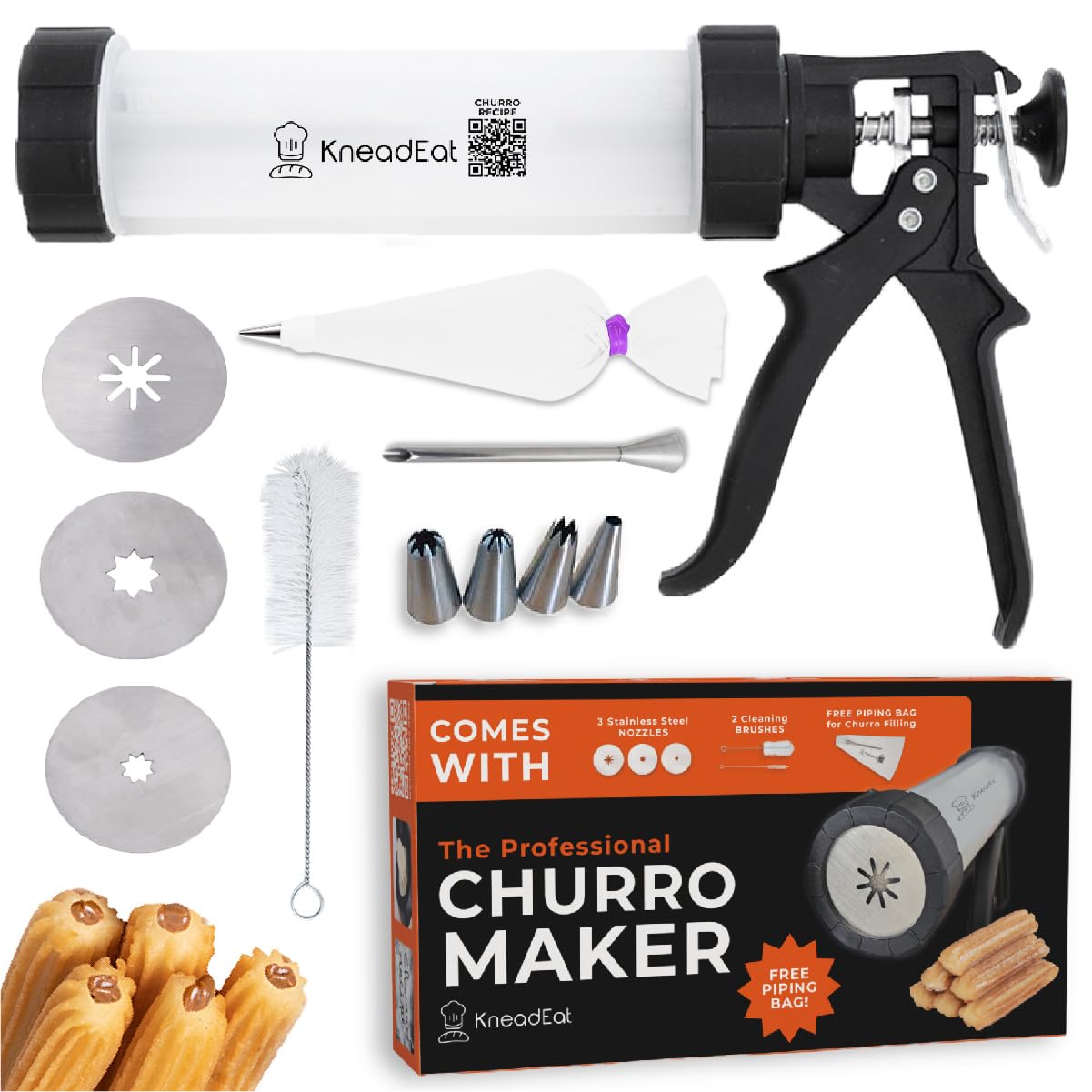 KneadEat Churro Maker Professional Churrera - Churros Gun Kit Set. Includes a Piping Bag with a Large Needle. QR e-recipe included (Gun 1lb)