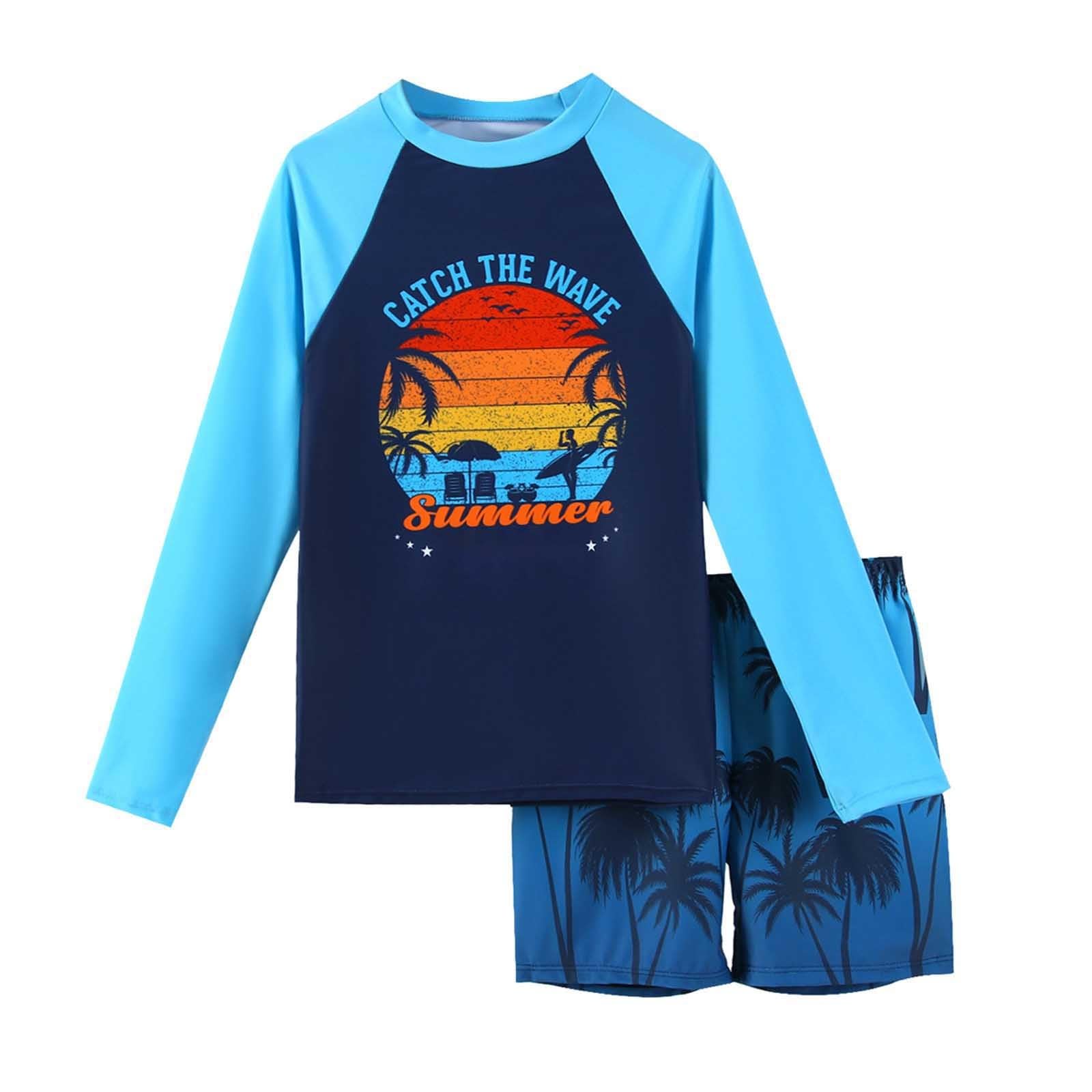 Générique Maillot de Bain Deux pièces à Manches Longues pour garçon | Ensemble Maillot de Bain et Short à séchage Rapide avec Protection Solaire et imprimé Arbre M