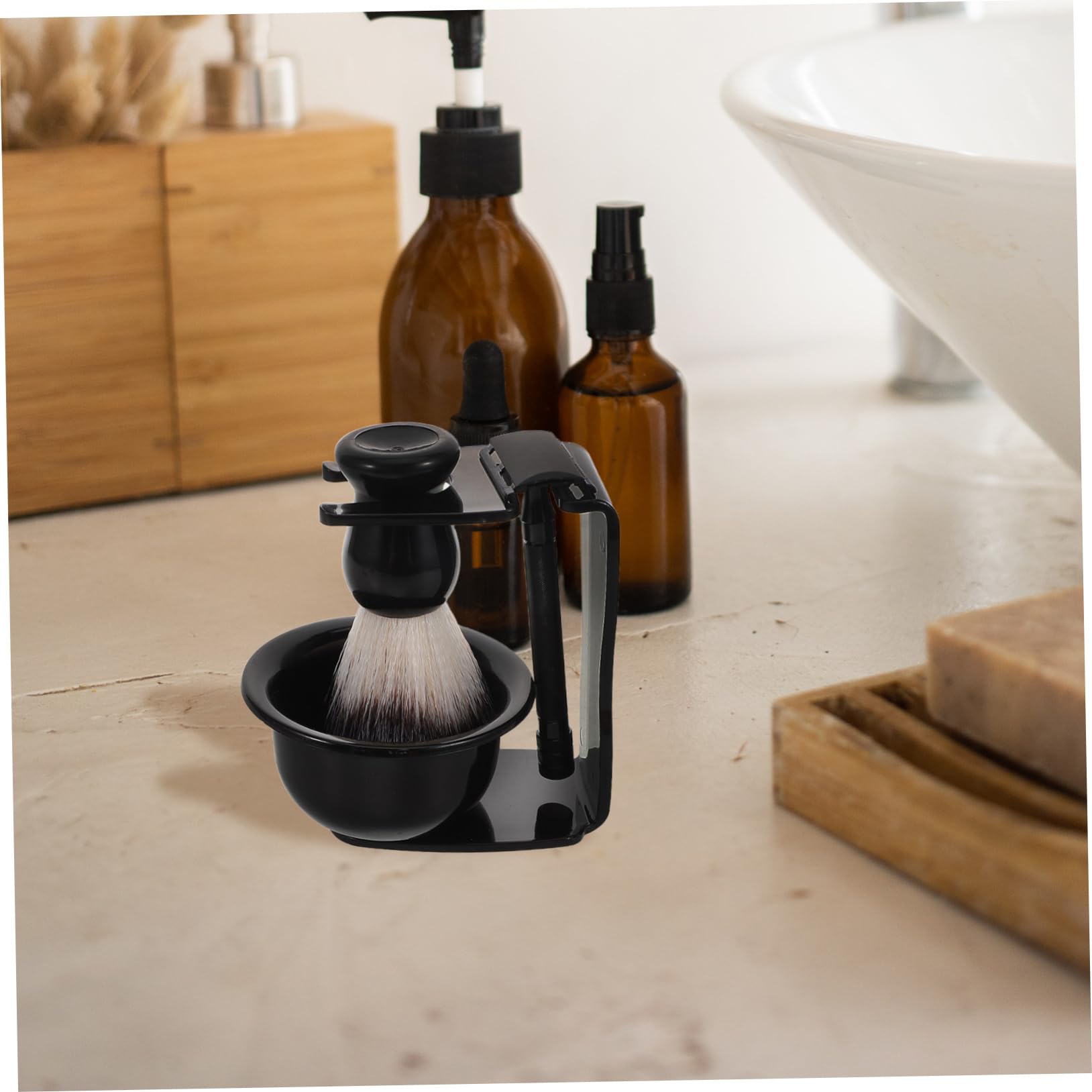 WOONEKY Set da Barba Tradizionale da Uomo Compatto e Leggero Spazzola per Baffi, Ciotola per Rasatura in Plastico e Supporto per Rasoio per Viaggi di Lavoro